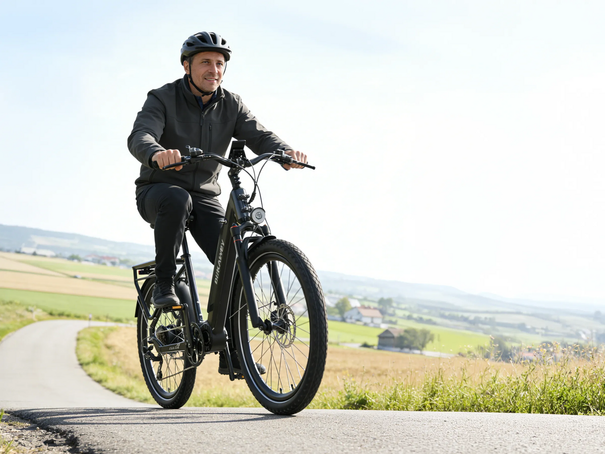 Dukawey FUGL3.0 black trekking e-bike riding on countryside road