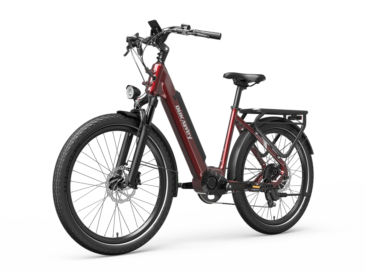 Dukawey FUGL3.0 red low-step city e-bike front three-quarter view