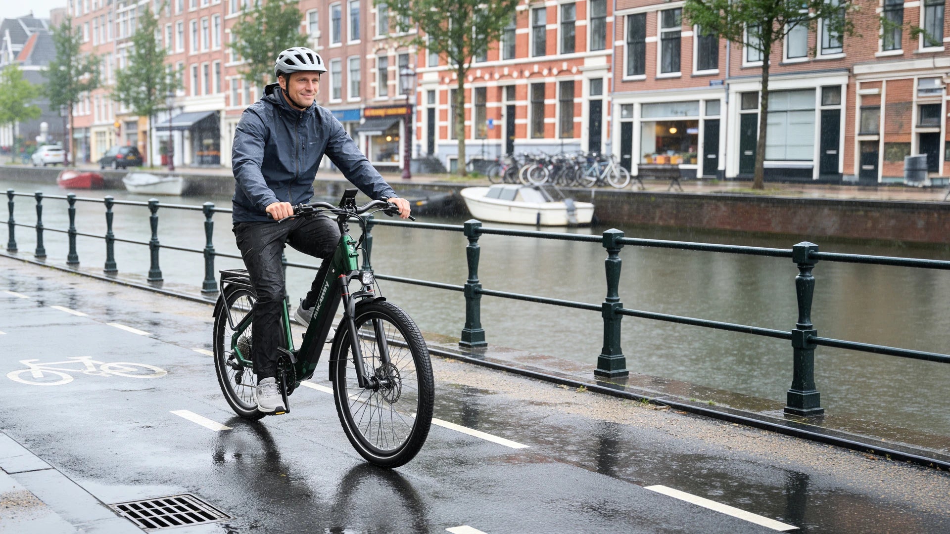 Grünes Dukawey FUGL Pro auf einem nassen Kanalweg im Regen