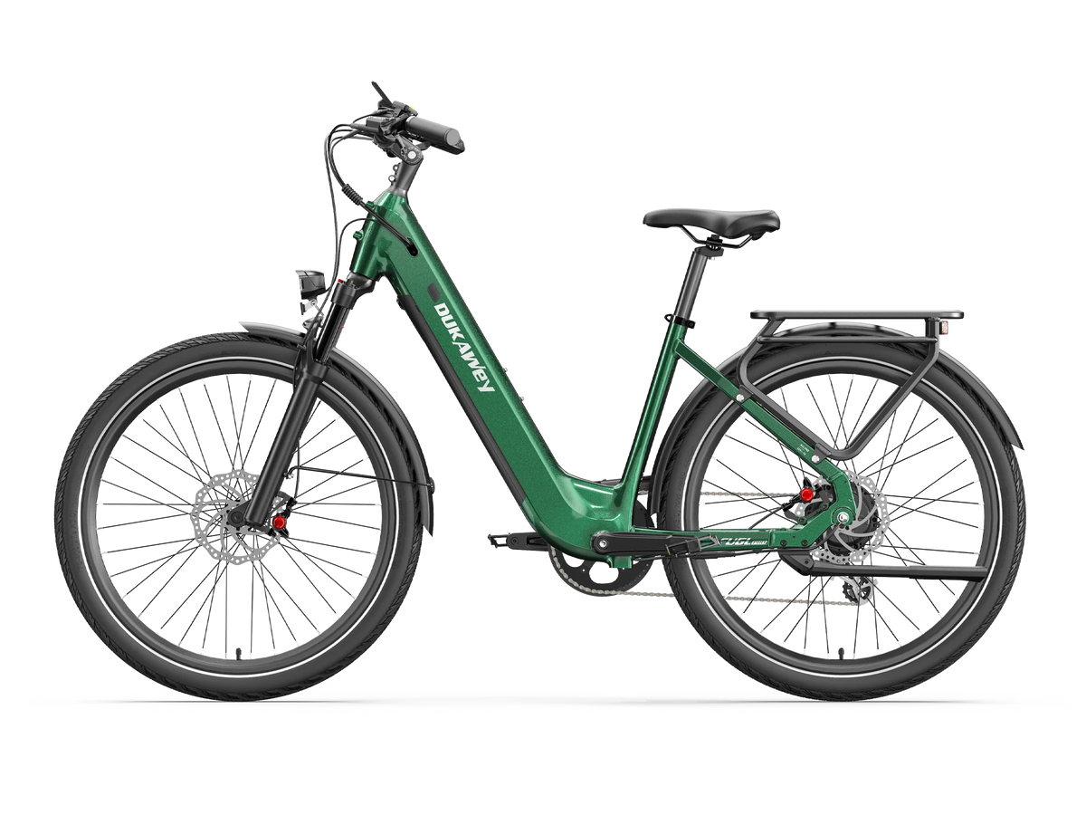 Green Dukawey FUGL Pro electric bike, rear three-quarter view