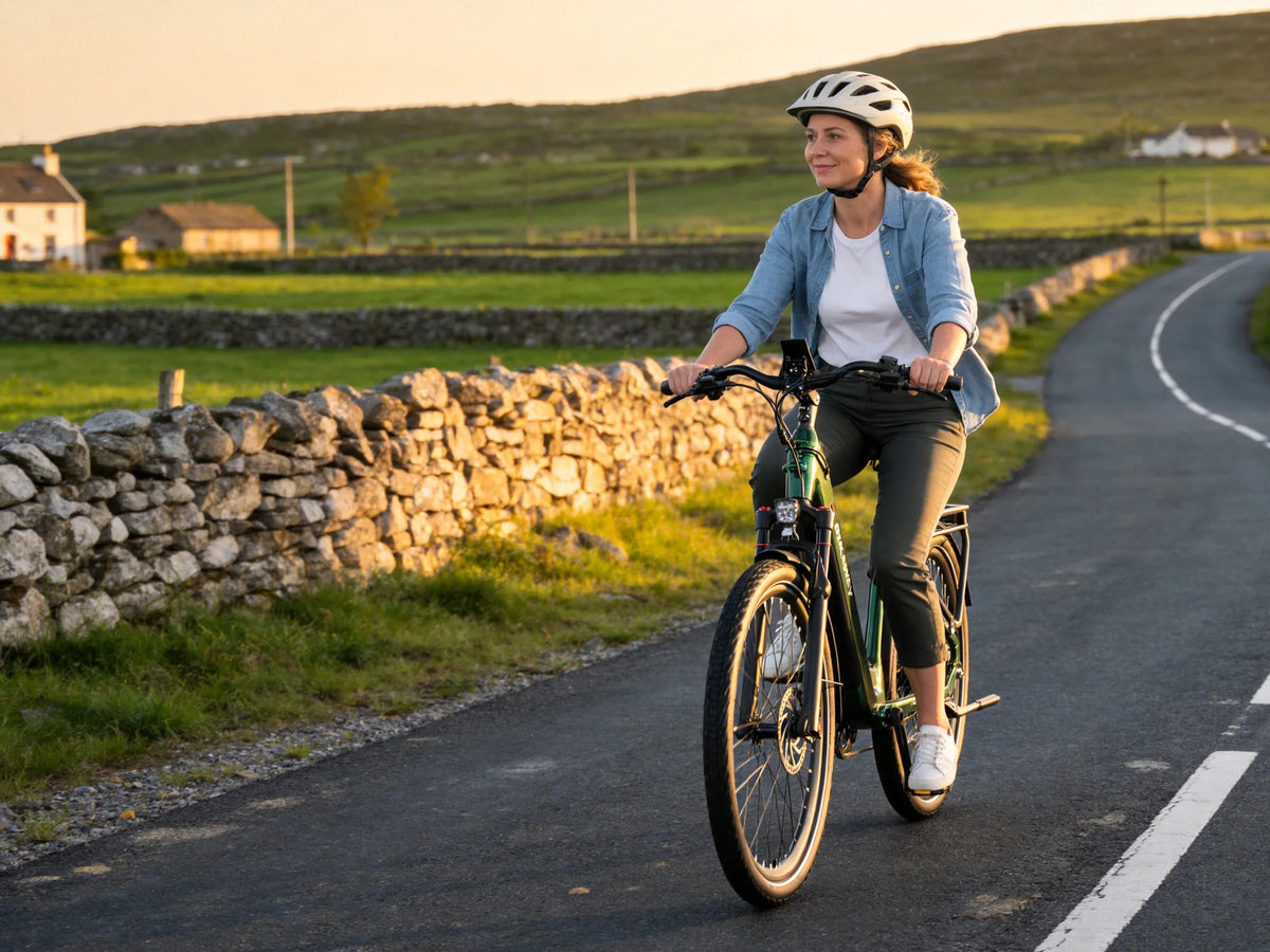 Woman riding a green Dukawey FUGL Pro on a country road
